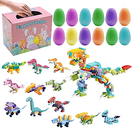 Leencum 12 Pcs Prefilled Easter Eggs with Dinosaur Building Blocks, Surprise Toys for Kids Boys Girls Easter Party Favors, Easter Basket Stuffers, Easter Egg Hunting, Classroom Prize Toys