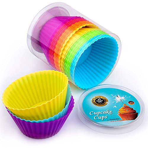 Cupcake Liners 24 pc Premium Silicone Cupcake Cases Wrappers Muffin Moulds – Reusable Non-Stick Muffin Cake Liners Perfect for Baking Gelatin, Snack, Frozen Treats, Ice Cream, Desert Molds Multicolor