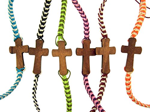 Religious Jewelry Wooden Sideways Cross on Colorful Braided Cord Bracelet, Pack of 12, 8 Inch