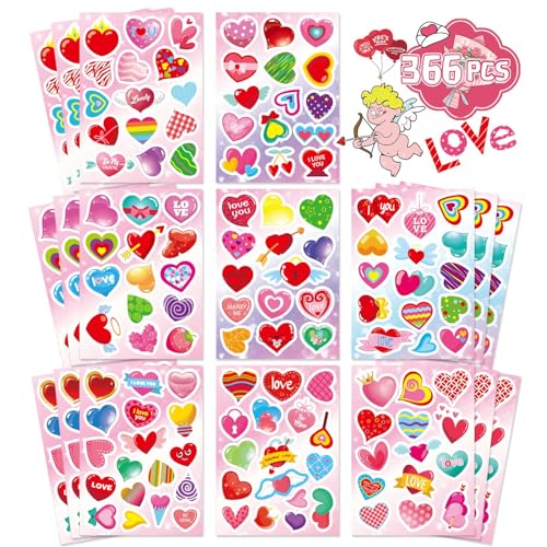 366 Pcs Valentine Stickers for Kids,Colorful Heart Stickers Valentine's Day Love Decorative Stickers for Gift Box Envelope Wedding Stick Sticker Party Favors Supplies