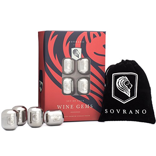 Sovrano Wine Gems - Set of 4 Stainless Steel Wine Chillers for Wine or Your Favorite Beverage - Includes Gift Box & Storage Pouch - Wine Accessory Gift For Men & Women