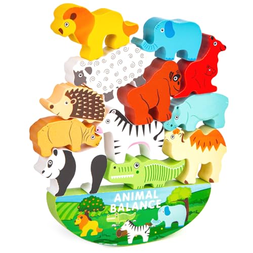 3 otters 13PCS Animal Stacking Building Blocks, Wooden Stacking Toys Balance Game Toy Set Montessori Toys for Toddlers Girls Boys 2 3 4 Year Old