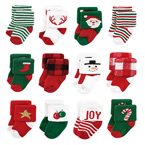 Hudson Baby Unisex Baby Cotton Rich Newborn and Terry Socks, 12 Days of Christmas Santa, 6-12 Months