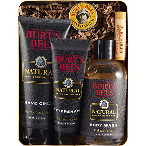 Burt's Bees Men's Gift Set, 5 Natural Products in Giftable Tin – Shave Cream, Aftershave, Body Wash, Hand Salve, Original Beeswax Lip Balm