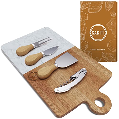 Sakiti Marble Cheese Board Set - w/ 3 Cheese Utensils and Wine Bottle Opener - Acacia Wood and Marble Cheese Board - Perfect Housewarming Gift - Charcuterie Boards for Cheese, Meat