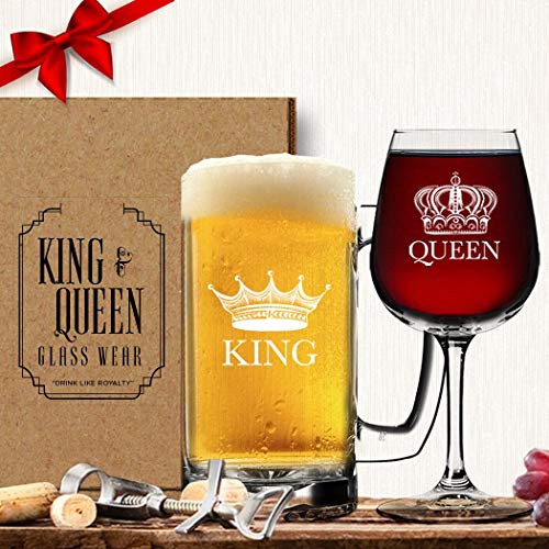 Pixelverse Design King Beer Queen Wine Glass (Set of 2) - His Hers Couples Gift - Newlyweds Wedding Anniversary Bridal Present - Mr and Mrs Housewarming - Husband Wife Funny Novelty Drinkware