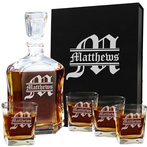 My Personal Memories, Personalized 5 pc Whiskey Decanter Set - Decanter and 4 Glasses Gift Set - Custom Engraved with Name and Initial (Classic Design)