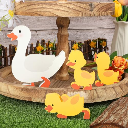 COCHIE Cute Wooden Ducks Decorations Indoor Set of 4, Farmhouse Tiered Tray Decor, Double Side Mother Duck and Duckling Blocks Decoration for Home Table Desk Door Shelf