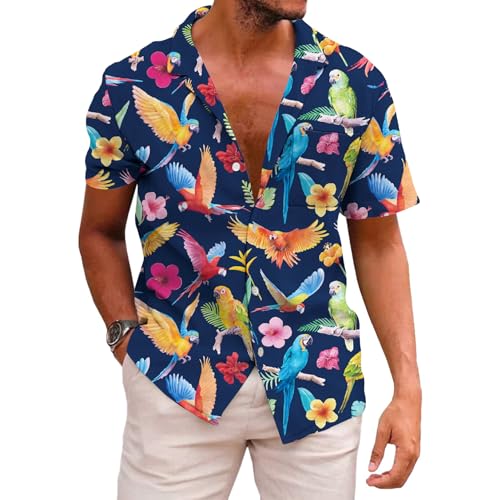 KYKU Hawaiian Shirt Parrot Short Sleeve Button Up Shirts for Men with Pockets, Colorful, L