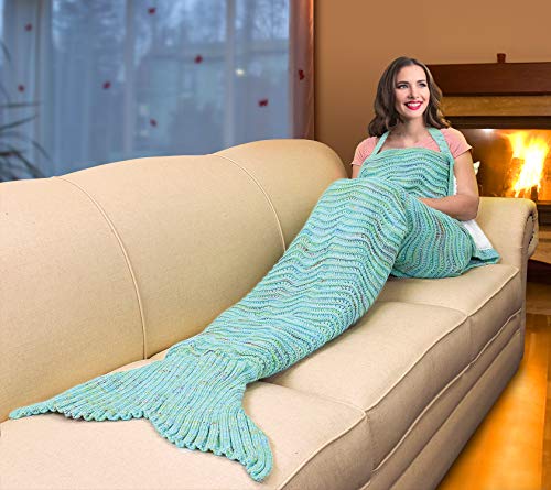 Catalonia Mermaid Tail Sherpa Blanket, Super Soft Warm Comfy Sherpa Lined Crochet Mermaids with Non-slip Neck Strap, for Girls Women Adults Teens Birthday Valentines Mint Green