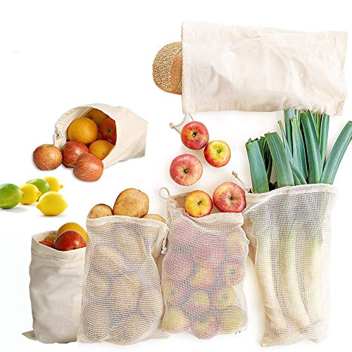 Lyeiaa 6 Pack Mesh Bags Cotton Reusable Produce Bags, Eco Friendly Double Sewing Grocery Storage Bags with Tags Drawstring Lock, for Veggies, Fruits, Bulk Food Shopping Biodegradable Washable Natural
