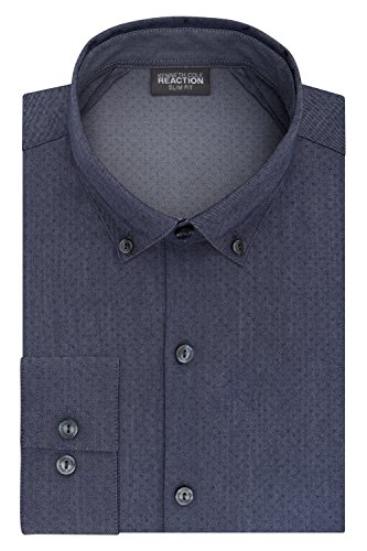 Kenneth Cole REACTION Men's Technicole Slim Fit Print Buttondown Collar Dress Shirt, Blueberry, 15' Neck 34'-35' Sleeve