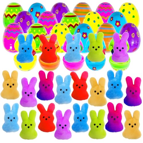 24 Pcs PreFilled Easter Eggs with Plush Bunny Toys Animals Keychain Decoration Stuffed Toy Great for Kids Boys Girls Toddler Easter Basket Stuffers Egg Fillers