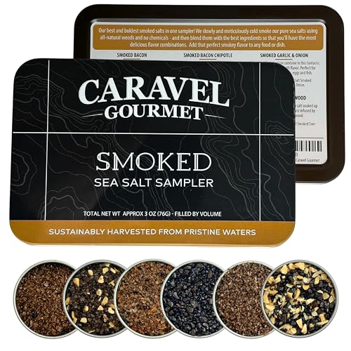 Smoked Sea Salt Sampler Set, Alderwood, Cherrywood, Bacon and Garlic Smoked Salts, Gourmet Cooking Gift, 0.5 oz x Bundle of 6 Flavored Salts - Caravel Gourmet Salt