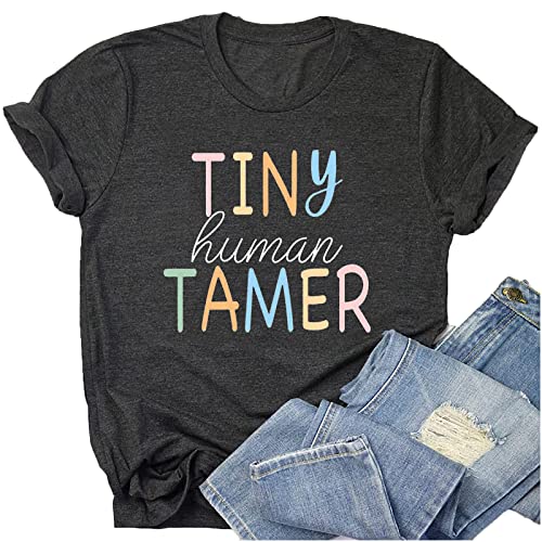 Teacher Shirts for Women - Kindergarten & Elementary School Teaching Tee Funny Tiny Human Tamer Graphic Tees Tops Grey XXL