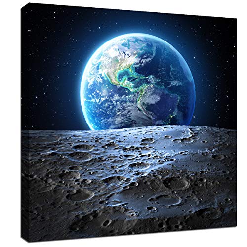 Earth Poster Canvas Wall Art - Earthrise from the Moon Outer Space Painting Home Office Universe Decor Framed Art Print Modern Pictures for Living Room Bedroom Decoration 12x12inch Ready to Hang