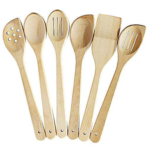 ECOSALL Healthy Wooden Spoons For Cooking Set of 6. Safe and Reliable Cooking Utensils for Kitchen – 100% Natural Nonstick Wood Spatula Spoon For Scraping, Stirring, Serving – Uncoated Solid Hardwood