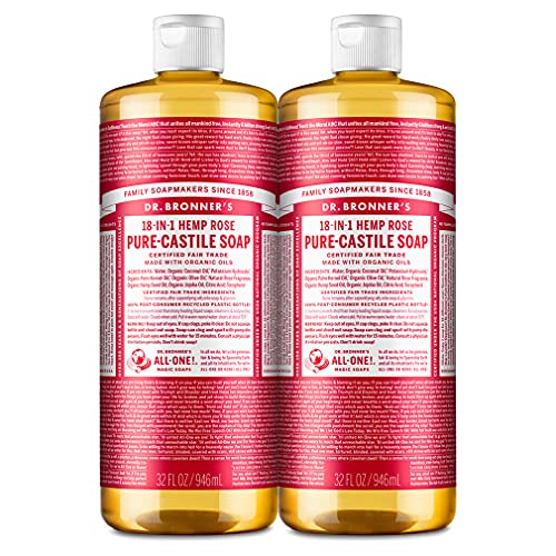 Dr. Bronner’s - Pure-Castile Liquid Soap (Rose, 32 ounce, 2-Pack) - Made with Organic Oils, 18-in-1 Uses: Face, Body, Hair, Laundry, Pets and Dishes, Concentrated, Vegan, Non-GMO