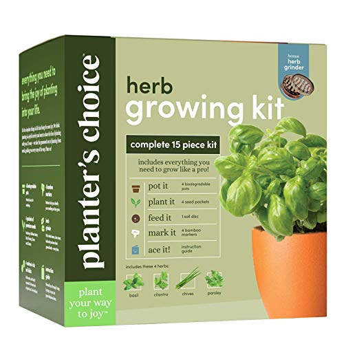 Herb Garden Growing Kit + Herb Grinder - Complete Kitchen Gardening Kit to Easily Grow 4 Culinary Herbs from Seed (Basil, Cilantro, Chives, Parsley) + Comprehensive Guide - Unique Gift for Women & Men