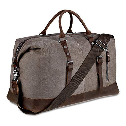 BLUBOON Canvas Overnight Bag Travel Duffel Genuine Leather for Men and Women Weekender Tote (Coffee)