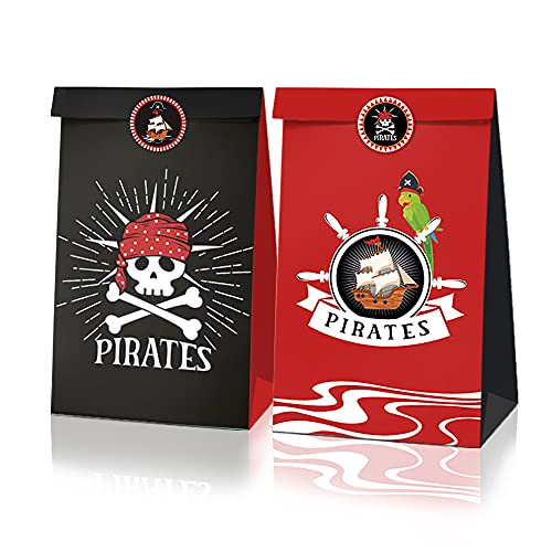 Aaon 24pcs Pirate Party Bags,Treasure Hunt Paper Bags,Pirate Gift Bags,Pirate Party Favor Bags with 36pcs Pirate Stickers