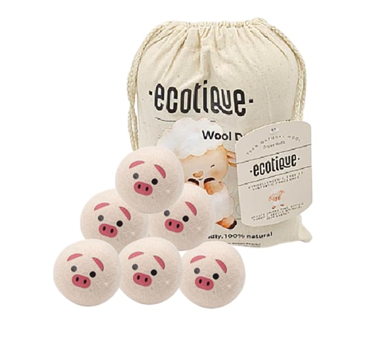 Ecotique Wool Dryer Balls - 100% Organic New Zealand Wool, Fabric Softener for 1000+ Loads, Baby-Safe, Hypoallergenic, Energy Efficient, Wrinkle Reducing, Pack of 6 XL Balls