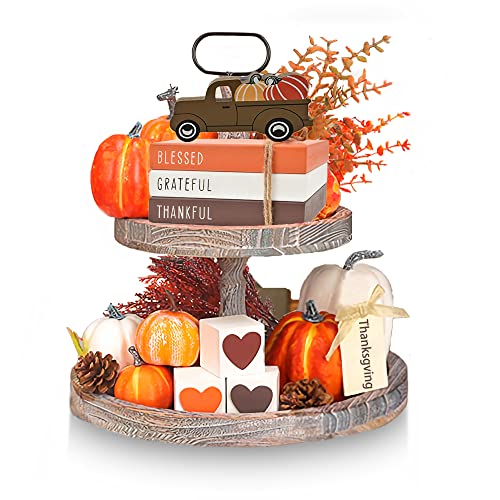 Thanksgiving Tiered Tray Decor - Fall Decorations for Home - 3 Double Sided Faux Book Stack 3 Love Wood Block 1 Pumpkin Truck - Farmhouse Rustic Wooden Table Sign for Autumn Thanksgiving Harvest