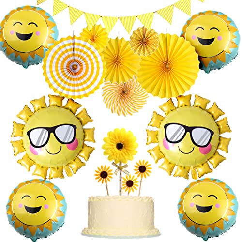 Sunshine Party Decorations Yellow Hanging Paper Fans Sunflower Cake Toppers and Balloons for Sunny Summer Theme Party Birthday Baby Shower Supplies