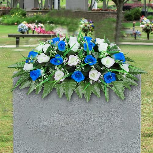 LVXINLI Artificial Cemetery Flower-Outdoor Grave Saddle Headstone Decorations,Blue and White Rose Memorial Day Flowers for gravesite (Blue and White)…