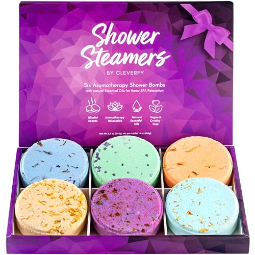 Cleverfy Shower Steamers Aromatherapy - Variety Pack of 6 Shower Bombs with Essential Oils. Personal Care and Relaxation Birthday Gifts for Women and Men. Purple Set