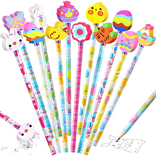 12 Pieces Easter Pencils with Eraser Easter Stationery Set for Kids Students, Office School Classroom Supplies, Easter Party Favors Easter Halloween Christmas Assortment Stationery