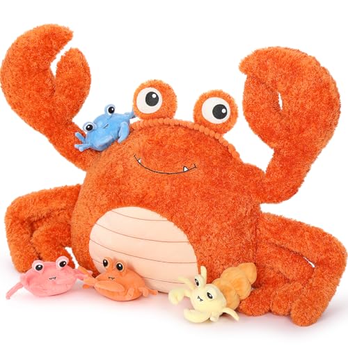 MorisMos 5 Pcs Crab Plush Stuffed Animal, Large Mommy Crab with 4 Babies, 32' Ocean Stuffed Plushies Gift for Girls Boys