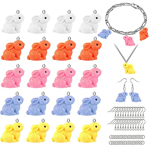 BENOSPACE 20 pcs Easter Rabbit Charm Pendant 3D Resin Bunny Bead Animal Decoration with 50 pcs Open Loops and 20 pcs Ear Hooks Jewelry Making Kit for DIY Bracelet Necklace Keychain Crafts