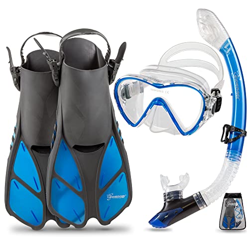Seavenger Diving Dry Top Snorkel Set with Trek Fin, Single Lens Mask and Gear Bag, S/M - Size 4.5 to 8.5, Gray/Clear Blue