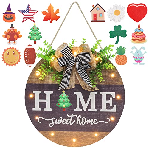 Interchangeable Welcome Sign for Front Door with 14 Changeable Icons, Farmhouse Front Porch Decor Rustic Wooden Wall Sign with 12 LED Lights, Outdoor Seasonal Welcome Home Decorations (Wood home1)