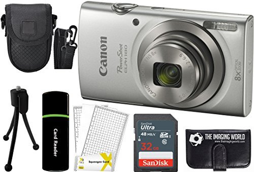 Canon PowerShot ELPH 180 20MP 8X Zoom Digital Camera (Silver) + 32GB Card + Reader + Case + Accessory Bundle