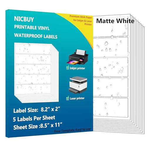 Printable Water Bottle Labels 8.2x2 inch Matte White Waterproof Vinyl Sticker Labels 100 Pcs Blank Labels for Inkjet or Laser Printer