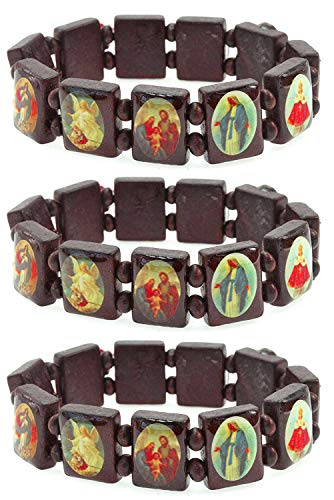 PURPLE WHALE Unisex Wooden Panel Stretchable Bracelet with Assorted Images of Saints, Jesus, Rosary | Adjustable Bracelet | Ideal Catholic Jewelry Gift (Reddish Brown)
