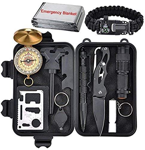 XUANLAN Emergency Survival Kit 13 in 1, Outdoor Survival Gear Tool with Survival Bracelet, Fire Starter, Whistle, Wood Cutter, Water Bottle Clip, Pen (Survival Kit 2)
