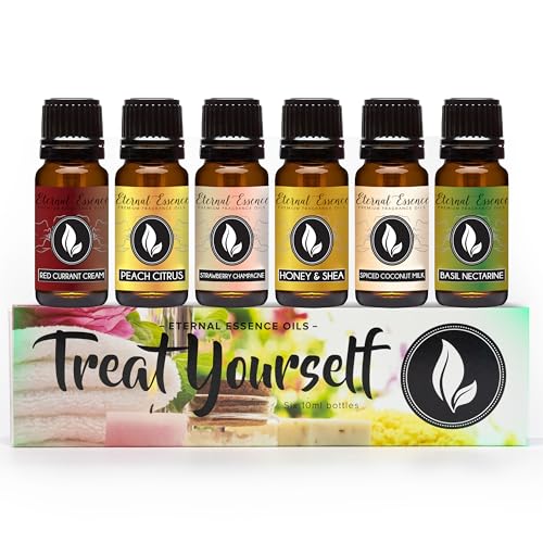 Eternal Essence Oils Treat Yourself Set of 6 Premium Fragrance Oils - Includes Peach Citrus, Strawberry Champange, Spiced Coconut Milk, Basil Nectarine, Red Currant Cream, & Honey & Shea - 10ML