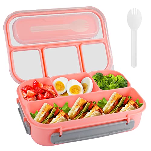 Bento Box Lunch Box, Adult Containers for Adults/Students, 5 Cup Boxes with 4 Compartments&Fork, Leak-Proof, New and Upgraded Packaging, Pink