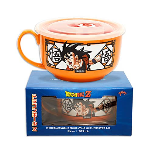 JUST FUNKY Dragon Ball Z 24 oz Ceramic Ramen Bowl with Lid | Microwaveable Soup Mug with Vented Lid | Goku & Vegeta Design Soup Bowl | Anime Gift | Dragon Ball Merch | Officially Licensed