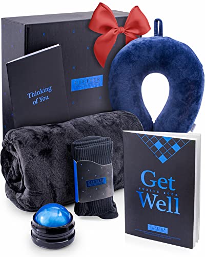 GIFTIER Get Well Soon Gift Basket – Care Package for Men w/Memory Foam Pillow, Massage Roller, Plush Blanket, Socks, Puzzle Book, Greeting Card – Curated Get Well Gift Basket for Men After Surgery