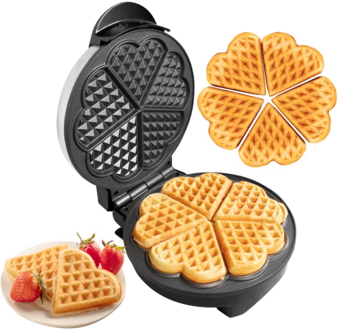 Heart Waffle Maker - Make 5 Heart Shaped Waffles for Special Morning Breakfast- Nonstick Baker Easy Cleanup, Electric Waffler Griddle Iron w Adjustable Browning Control- Kitchen Essential Must Have