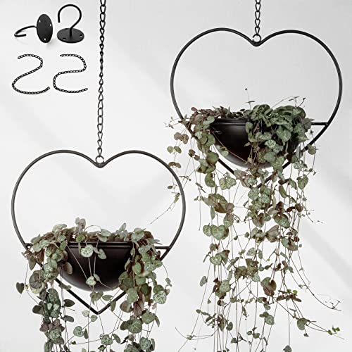 Hajia 2 Pack Heart Shaped Boho Hanging Plant Holder with 6inch Detachable Pot, Black Metal Wall Ceiling Plant Hanger for Indoor Outdoor, Minimalist Small Hanging Planter for Home Wedding Decor