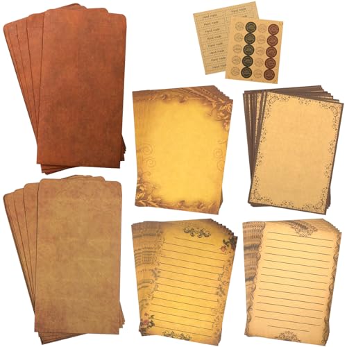 CenterZ Vintage Stationary Paper + Kraft Envelopes Set with Seal Stickers, 64pcs 4 Patterns 8.3 x 5.7 Writing Stationery Papers + 20pcs 2 Colors 7.9 x 4.7 Letter Envelope + 36pcs 2 Styles Rustic Seals