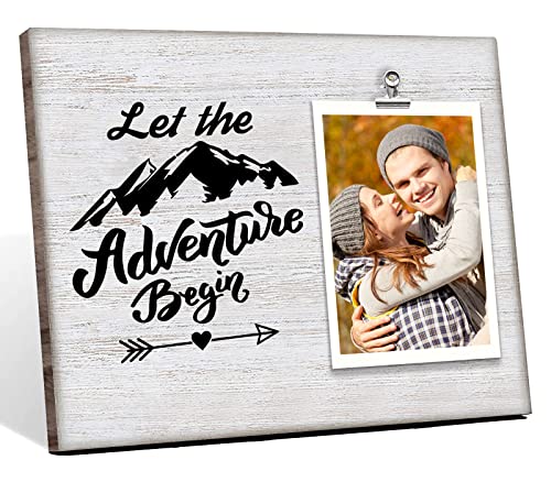 Dofala Romantic Memorial Wood Picture Frame Signs - Let The Adventure Begin, Bride Groom Boyfriend Girlfriend Frame with Clips Photo Holder Engagement Wedding Gifts, Frame Holds 4 X 6 Inches Photo