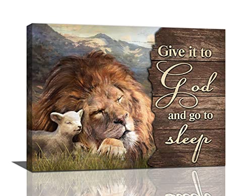 Lion and Lamb Wall Art Christian Religious Pictures Canvas Wall Decor Give it to God Painting Prints Framed Artwork Decor for Church Living Room Bedroom 12'x16'