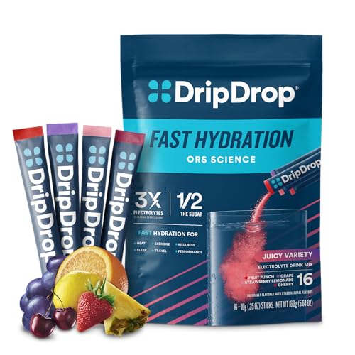 DripDrop Hydration Juicy Variety Pack - Electrolyte Drink Mix Single-Serve Powder Packets - Grape, Fruit Punch, Strawberry Lemonade, Cherry - 16 Servings