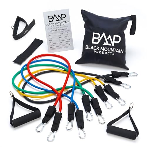 Black Mountain Products Resistance Band Set with Door Anchor, Ankle Strap, Exercise Chart, and Carrying Case, 48'